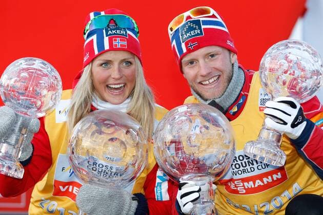 SKI NORDISCH - FIS WC Falun FALUN,SCHWEDEN,16.MAR.14 - SKI NORDISCH, LANGLAUF - FIS Weltcup Finale, Siegerehrung. Bild zeigt Therese Johaug (NOR) mit der kleinen Kristallkugel sowie der grossen Kristallkugel und Martin Johnsrud Sundby (NOR) mit der kleinen Kristallkugel sowie der grossen Kristallkugel. Keywords: Trophaee, Gesamtweltcup, Distanzweltcup. 