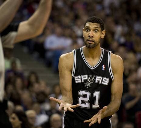 March 21, 2014 - Sacramento, CA, USA - The San Antonio Spurs Tim Duncan (21) contests a foul called on him in the second quarter against the Sacramento Kings at Sleep Train Arena in Sacramento, Calif., on Friday, March 21, 2014. San Antonio at Sacramento - ZUMAm67
