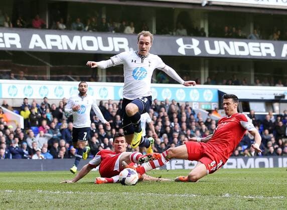 Tottenham s Christian Eriksen tussles with Southampton s Jose Fonte and Dejan Lovren Tottenham Hotspur vs Southampton - Premier League - White Hart Lane - London - England - 23 03 2014 - Pic David Klein Sportimage EDITORIAL USE ONLY. No use with unauthorised audio, video, data, fixture lists, club league logos or live services. Online in-match use limited to 120 images, no video emulation. No use in betting, games or single club league player publications.