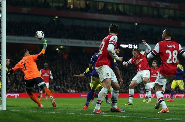 Arsenal s Lukas Podolski scoring his side opening goal Arsenal vs Swansea City - Premier League - Emirates Stadium- London - England - 25 03 2014 - Pic David Klein Sportimage EDITORIAL USE ONLY. No use with unauthorised audio, video, data, fixture lists, club league logos or live services. Online in-match use limited to 120 images, no video emulation. No use in betting, games or single club league player publications.