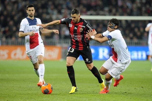 Valentin Eysseric (Nice) Thiago Silva (PSG) FOOTBALL : Nice vs PSG - Ligue 1 - 28 03 2014 N.LeGouic FEP Panoramic 