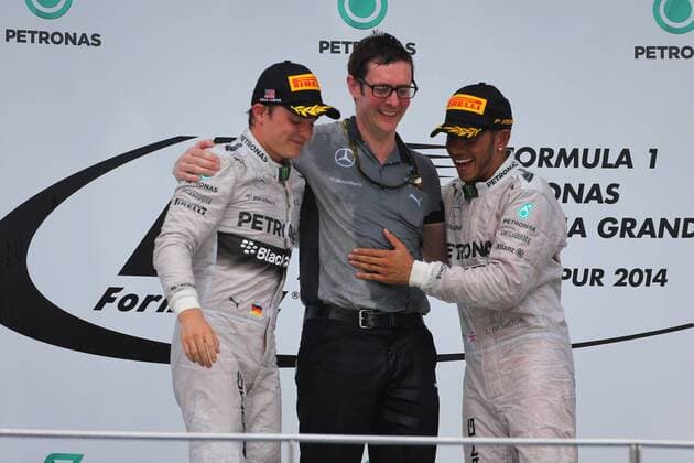 30.03.2014 - Race, 2nd position Nico Rosberg (GER) Mercedes AMG F1 W05 and Lewis Hamilton (GBR) Mercedes AMG F1 W05 race winner Malaysian Grand Prix, Sepang 27-30 March 2014 