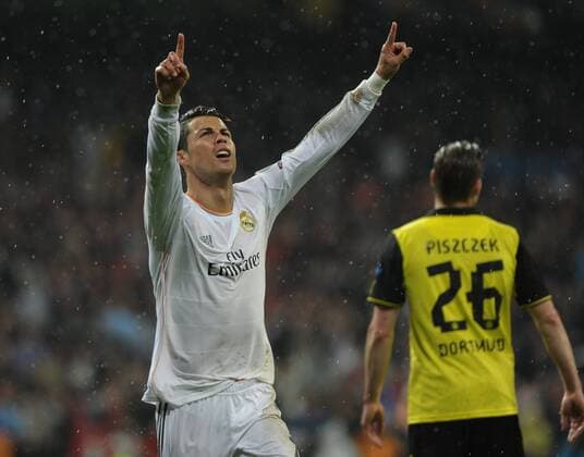 Real Madrid Forward, number 7 RONALDO - Cristiano Ronaldo dos Santos (27), celebrates after scoring a goal (0-0)Borussia Dortmund Defender, number 26 PISZCZEK - Lukasz Piszczek (27) during round cuartos de final of the champions league league, soccer match between Real CF Madrid - BVB Borussia Dortmund at the Santiago Bernabeu estadium, Madrid - 