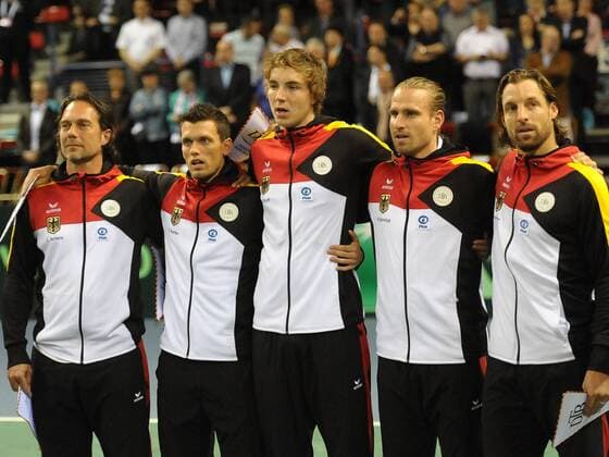 die deutsche Mannschaft, vl Carsten Arriens, Tobias Kamke, Jean-Lennard Struff, Peter Gojowczyk, Andre Begemann, Tennis, Davis Cup, Deutschland, Viertelfinale, Weltgruppe, 04.04.2014, Einzel,