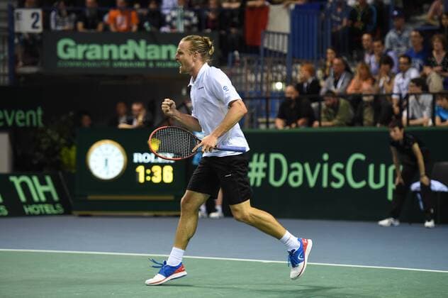 Tennis Daviscup Viertelfinale 2014 Frankreich -Deutschland Palais de Sports Jean Weille Nancy,Frankreich Deutsches Team : Peter Gojowczyk,Deutschland