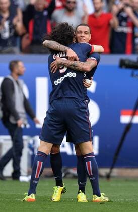 Gregory Van Der Wiel (psg) - Edinson Cavani (psg) FOOTBALL : Paris SG vs Reims - Ligue 1 - 05 04 2014 AnthonyBIBARDFEP 