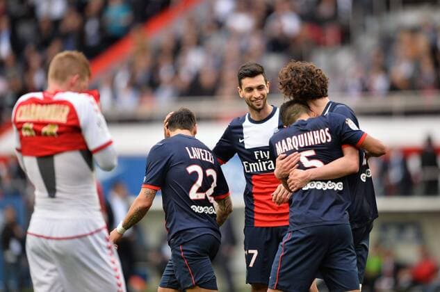 Javier Pastore (psg) - Ezequiel Lavezzi (psg) - Marquinhos (psg) - Adrien Rabiot (psg) FOOTBALL : Paris SG vs Reims - Ligue 1 - 05 04 2014 AnthonyBIBARDFEP 