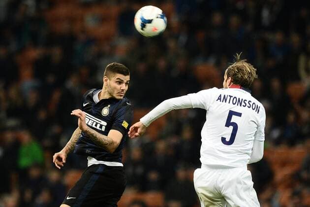 Mailand 05 04 2014 - Serie A Inter Mailand - FC Bologna -- Mauro Icardi, Mikael Antonsson 