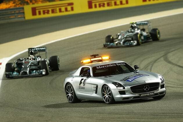 Motorsports: FIA Formula One World Championship 2014, Grand Prix of Bahrain, Bernd Maylaender (GER, Safety Car driver), 44 Lewis Hamilton (GBR, Mercedes AMG Petronas F1 Team), 6 Nico Rosberg (GER, Mercedes AMG Petronas F1 Team), xHOCHxZWEIx