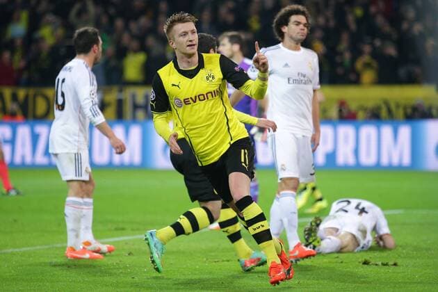 08.04.2014, xgsx, Fussball Champions League, Borussia Dortmund - Real Madrid, v.l. Marco Reus (BVB Borussia Dortmund - 11) bejubelt sein Tor zum 2-0 - Pepe (Real Madrid - 3) - Asier Illarramendi Andonegi, Illarra (Real Madrid - 24) ist enttaeuscht, ist frustriert, frust, zeigt Emotionen