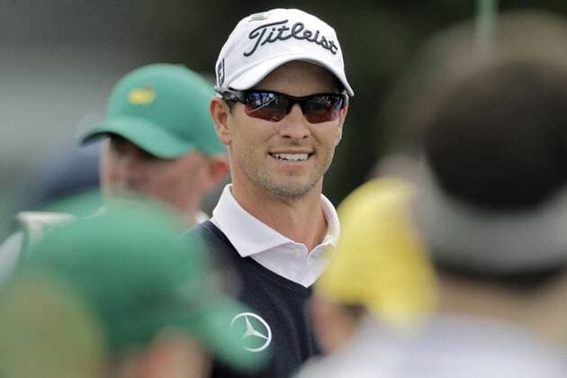 April 8, 2014 - Augusta, GA, USA - Adam Scott heads to No. 1 to hit his tee shot during a practice round at Augusta National Golf Club on Tuesday, April 8, 2014, in Augusta, Ga. PGA - ZUMAm67