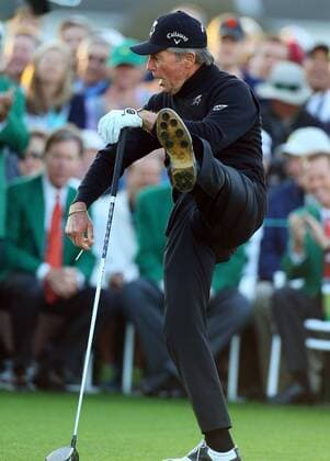 April 10, 2014 - Augusta, GA, USA - Honorary starter Gary Player kicks up his heel after hitting his tee shot to begin the Masters with Arnorld Palmer and Jack Nicklaus at Augusta National Golf Club on Thursday, April 10, 2014, in Augusta, Ga. Player won the Masters three times in 1961, 1974, and 1978. Masters Tournament - ZUMAm67