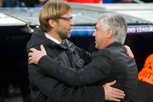 Fussball Madrid 02.04.2014 Champions League Viertelfinale Hinspiel Saison 2013 2014 Real Madrid - Borussia Dortmund Jürgen Klopp (Dortmund, Trainer) Carlo Ancelotti (Real Madrid, Trainer) re.