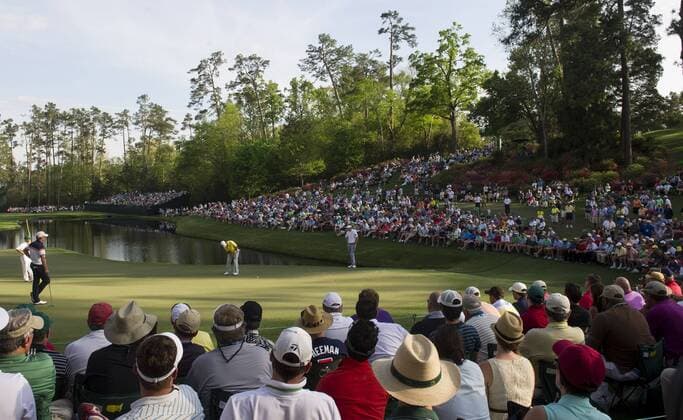 Hideki Matsuyama putts on the 16th green during the second round of the 2014 Masters Tournament at Augusta National Golf Club in Augusta, Georgia, April 11, 2014.  AUG20140411339