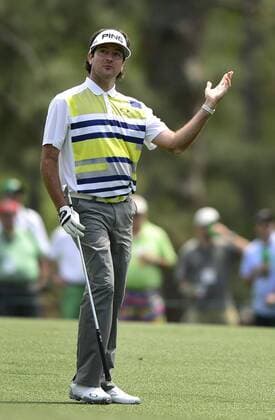 April 11, 2014 - Augusta, Georgia, U.S. - BUBBA WATSON reacts to his second shot from the 15th fairway in the second round at the Masters Tournamen. Watson had five-straight birdies on the second nine and is seven-under par through two rounds at the Masters. Golf 2014 - Masters Tournament - Round 2 - ZUMAm67