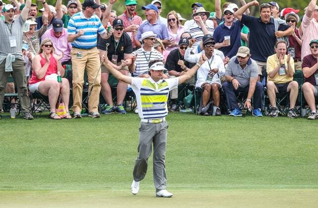 April 11, 2014 - Augusta, GA, USA - Bubba Watson celebrates a long birdie putt on the 14th green in the second round at the Masters Tournament in August, Ga., on Friday, April 11, 2014. Masters Tournament - ZUMAm67