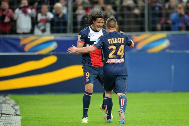 joie de Edinson Cavani apres son deuxieme but - Marco Verratti (PSG) FOOTBALL : Lyon vs PSG - Finale Coupe de la Ligue - 19 04 2014 N.LeGouic FEP Panoramic 