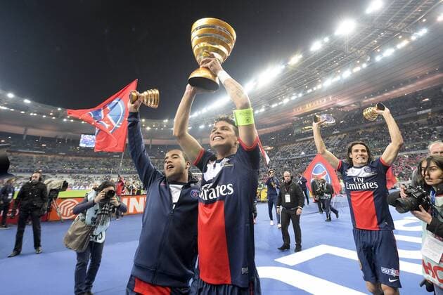 Paris St Germain, Champion Coupe de la Ligue: SILVA Thiago (PSG) avec le trophee - LUCAS (PSG) FOOTBALL : Olympique Lyon vs Paris St Germain (PSG) - Finale coupe de la Ligue - 19 04 2014 JBAutissier 
