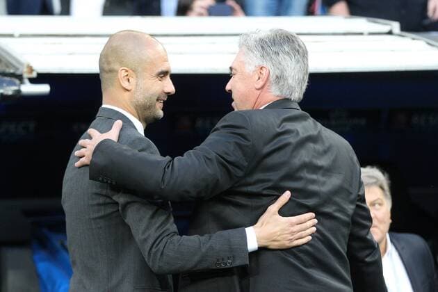 l-r: Chef-Trainer Pep Guardiola (FC Bayern München) begrüsst Chef-Trainer Carlo Ancelotti (Real Madrid) Real Madrid vs. FC Bayern München, Fussball, Champions League, 23.04.2014 EP_ckt