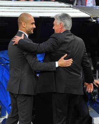 23.04.2014, Fussball UEFA Champions League Halbfinale, Real Madrid - FC Bayern München, v.l. Josep Guardiola (FC Bayern München Coach) - Carlo Ancelotti (Real Madrid Coach)