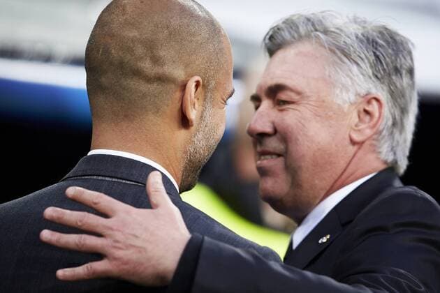 23.04.2014 Madrid, Spain. Head Coach Carlo Ancelotti of Real Madrid (R) shake hands with Head Coach Pep Guardiola of FC Bayern Munchen during the UEFA Champions League Game between Real Madrid and FC Bayern Munchen at Santiago Bernabeu Stadium, xIvanxArlandisx  ActionPlus20187698