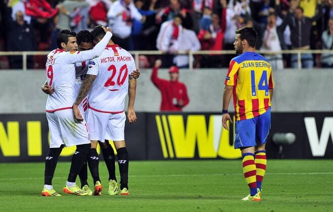 First leg of 1 2 Europa League match between Sevilla FC and Valencia FC. In this picture, Carlos Bacca celebrates his goal. xKIKOxHURTADOx 