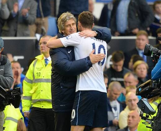 Manuel Pellegrini manager of Manchester City celebrates with Edin Dzeko of Manchester City - Barclays Premier League - Everton v Manchester City - Goodison Park Stadium - Liverpool - England - 3rd May 2014 - Pic Simon Bellis Sportimage EDITORIAL USE ONLY. No use with unauthorised audio, video, data, fixture lists, club league logos or live services. Online in-match use limited to 120 images, no video emulation. No use in betting, games or single club league player publications.