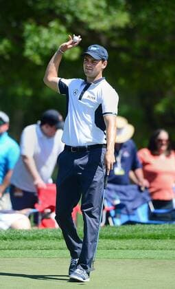 May 3, 2014 - Charlotte, NC, USA - Martin Kaymer acknowledges the crowd after making his putt on the 9th green during the third round of the Wells Fargo Championship at Quail Hollow Club in Charlotte, N.C., on Saturday, May 3, 2014. Wells Fargo Championship, Round 3 - ZUMAm67