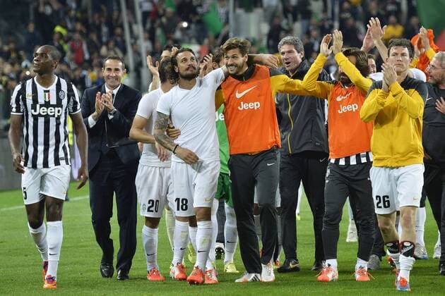 Angelo Ogbonna, Daniel Pablo Osvaldo, Fernando Llorente, Andrea Pirlo, Stephan Lichtsteiner Celebration Juventus Campione d Italia Serie A, Juventus Turin - Atalanta Bergamo andreaxstaccioli