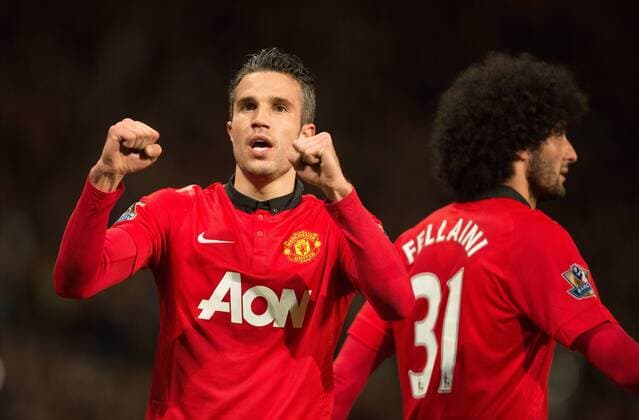 Robin van Persie of Manchester United celebrates scoring his sides third goal - Barclays Premier League - Manchester United (ManU) vs. Hull City - Old Trafford - Manchester - England - 6th May 2014 - EDITORIAL USE ONLY. No use with unauthorised audio, video, data, fixture lists, club league logos or live services. Online in-match use limited to 120 images, no video emulation. No use in betting, games or single club league player publications.