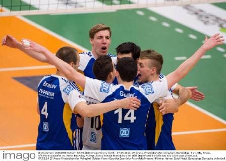 07.05.2014, ZF Arena, Friedrichshafen Volleyball, Bundesliga, Play-offs, Finale, VfB Friedrichshafen vs. Berlin Recycling Volleys Jubel Freude Friedrichshafen
