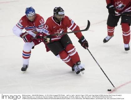 Left to right: Jaromir Jagr (CZE) and Joel Ward (CAN) during the Group A match Czech Republic vs. Canada at the Ice Hockey World Championship, in Minsk, Belarus, May 12, 2014. (CTKxPhotoxMichalxKamaryt) CTKPhotoOF201405121040301  kmt 1