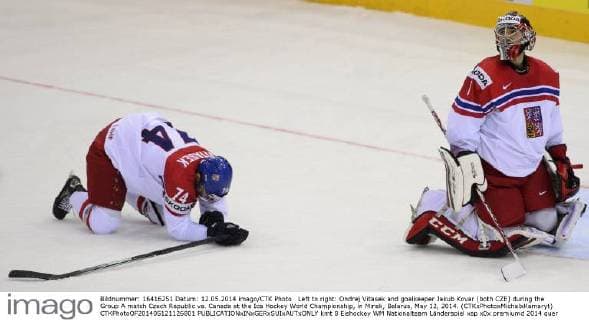 Left to right: Ondrej Vitasek and goalkeeper Jakub Kovar (both CZE) during the Group A match Czech Republic vs. Canada at the Ice Hockey World Championship, in Minsk, Belarus, May 12, 2014. (CTKxPhotoxMichalxKamaryt) CTKPhotoOF201405121126801  kmt 8