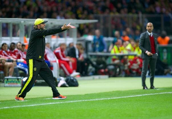 Fußball, DFB-Pokalfinale 2013 2014, Borussia Dortmund - FC Bayern München Fussball Berlin 17.05.2014 DFB Pokalfinale Saison 2013 2014 Borussia Dortmund - Bayern München 0:2 n.V. Jürgen Klopp (Dortmund, Trainer) li. Pep Guardiola (FC Bayern, Trainer) re.