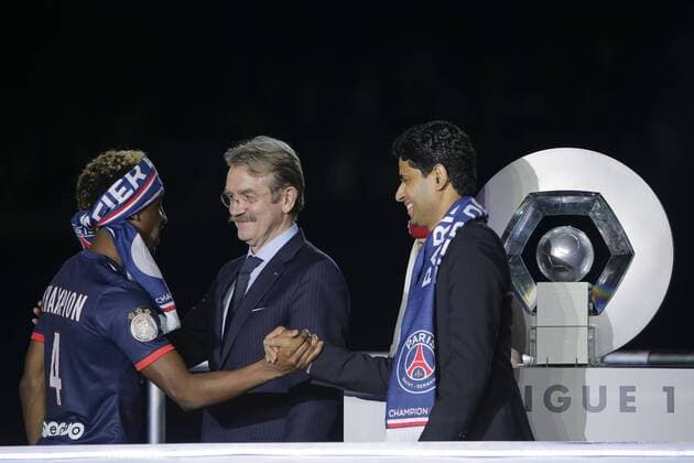 Kingsley Coman (psg), Nasser Al-Khelaifi (psg), Frederic Thiriez FOOTBALL : Paris st Germain, Champion de France - Ligue 1 - 17 05 2014 StephaneAllaman 