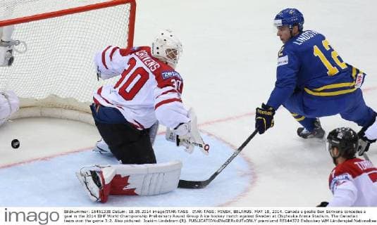 ITAR-TASS: MINSK, BELARUS. MAY 18, 2014. Canada s goalie Ben Scrivens concedes a goal in the 2014 IIHF World Championship Preliminary Round Group A ice hockey match against Sweden at Chizhovka Arena Stadium. The Canadian team won the game 3:2. Also pictured: Joakim Lindstrom (R).  premiumd RE144372