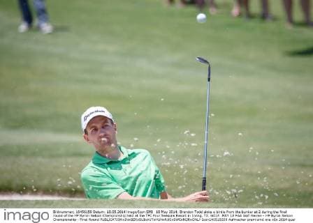 18 May 2014: Brendon Todd sinks a birdie from the bunker at 2 during the final round of the HP Byron Nelson Championship held at the TPC Four Seasons Resort in Irving, TX. GOLF: MAY 18 PGA Golf Herren - HP Byron Nelson Championship - Final Round Icon140518338 EDITORIAL USE ONLY