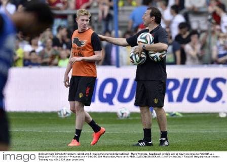 Marc Wilmots, headcoach of Belgium et Kevin De Bruyne FOORBALL : Belgique - Entrainement - Preparations - 19 05 2014 Photonews Panoramic 