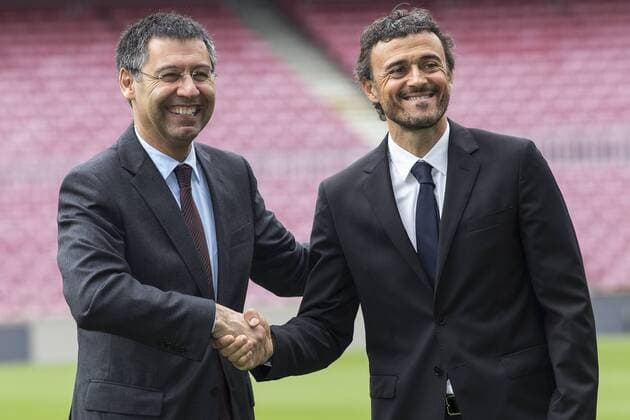 Barcelona, Spain. May 21 2014. Luis Enrique and president Josep Maria Bartomeu, the FC Barcelona s stadium, the Camp Nou, on his first day as FCB s coach 