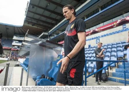 Genk , Belgium May , 21 2014 Football FIFA World CUP Brazil 2014 Training Red Devils in The Cristal Arena of Genk On this picture : Daniel Van Buyten Reporters Michel Gouverneur 