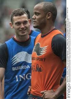 Genk , Belgium May , 21 2014 Football FIFA World CUP Brazil 2014 Training Red Devils in The Cristal Arena of Genk On this picture : Thomas Vermaelen Vincent Kompany Reporters Michel Gouverneur 