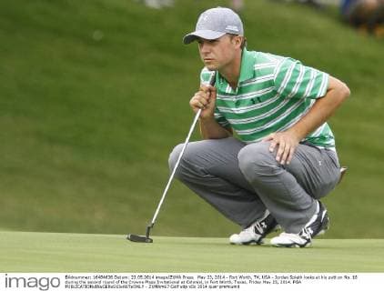 May 23, 2014 - Fort Worth, TX, USA - Jordan Spieth looks at his putt on No. 18 during the second round of the Crowne Plaza Invitational at Colonial, in Fort Worth, Texas, Friday May 23, 2014. PGA - ZUMAm67