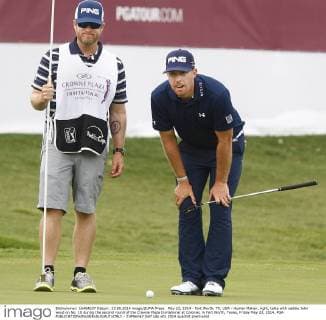 May 23, 2014 - Fort Worth, TX, USA - Hunter Mahan, right, talks with caddie John wood on No. 18 during the second round of the Crowne Plaza Invitational at Colonial, in Fort Worth, Texas, Friday May 23, 2014. PGA - ZUMAm67