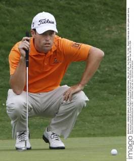 May 23, 2014 - Fort Worth, TX, USA - Robert Streb eyes his 16th green putt during the second round of the Crowne Plaza Invitational at Colonial, in Fort Worth, Texas, Friday May 23, 2014. PGA - ZUMAm67