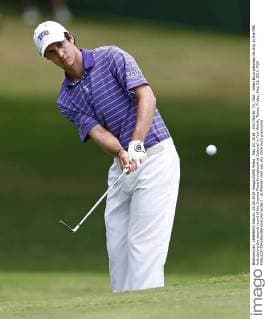 May 23, 2014 - Fort Worth, TX, USA - Julien Brun watches his chip at the fifth hole during the second round of the Crowne Plaza Invitational at Colonial in Fort Worth, Texas, Friday, May 23, 2014. PGA - ZUMAm67