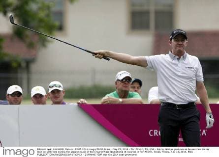 May 23, 2014 - Fort Worth, TX, USA - Jimmy Walker gestures as he watches his tee shot on 18th hole during the second round of the Crowne Plaza Invitational at Colonial in Fort Worth, Texas, Friday, May 23, 2014. PGA - ZUMAm67