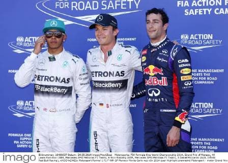 Motorsports: FIA Formula One World Championship 2014, Grand Prix of Monaco, 44 Lewis Hamilton (GBR, Mercedes AMG Petronas F1 Team), 6 Nico Rosberg (GER, Mercedes AMG Petronas F1 Team), 3 Daniel Ricciardo (AUS, Infiniti Red Bull Racing), xHOCHxZWEIx