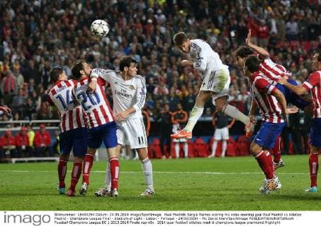Real Madrids Sergio Ramos scoring his sides opening goal Real Madrid vs Atletico Madrid - Champions League Final - Stadium of Light - Lisbon - Portugal - 24 05 2014 - Pic David Klein Sportimage EDITORIAL USE ONLY. No use with unauthorised audio, video, data, fixture lists, club league logos or live services. Online in-match use limited to 120 images, no video emulation. No use in betting, games or single club league player publications.