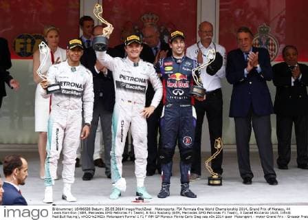 Motorsports: FIA Formula One World Championship 2014, Grand Prix of Monaco, 44 Lewis Hamilton (GBR, Mercedes AMG Petronas F1 Team), 6 Nico Rosberg (GER, Mercedes AMG Petronas F1 Team), 3 Daniel Ricciardo (AUS, Infiniti Red Bull Racing), xHOCHxZWEIx