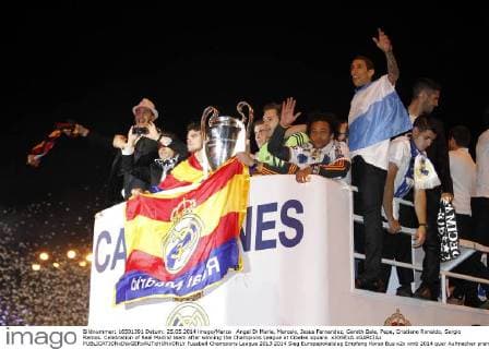 Angel Di Maria, Marcelo, Jesus Fernandez, Gareth Bale, Pepe, Cristiano Ronaldo, Sergio Ramos. Celebration of Real Madrid team after winning the Champions League at Cibeles square. xJOSExA.xGARCIAx 